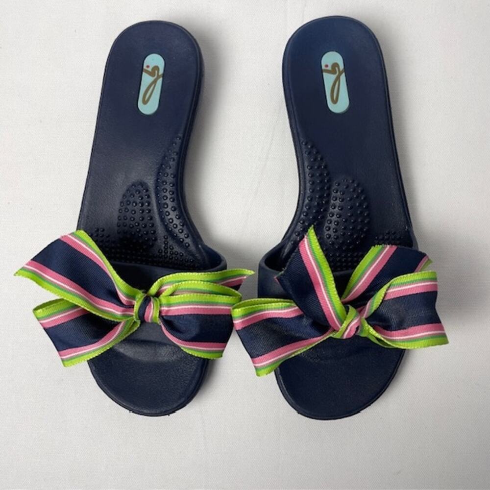 OKA b Navy Green Bow Slide Sandals Womens Resort Preppy Comfort Small Flip Flops